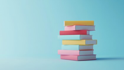 Stack of Colorful Books on Blue Background