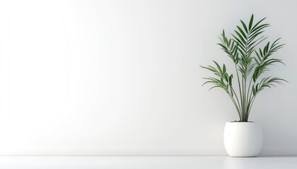 Wall Mural - A Single Green Plant in a White Pot Against a White Wall