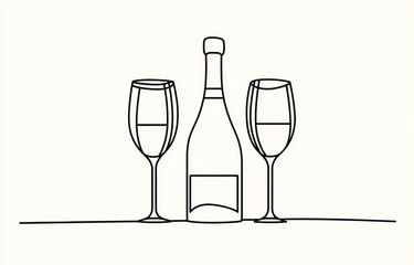 Wall Mural - A linear silhouette of a bottle of wine and a glass for a modern illustration. A continuous drawing of a bottle of wine and a glass. A line drawing of a glass goblet for a modern illustration.