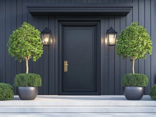 A black door with a gold handle sits in front of two potted plants. The plants are small and green, and they are placed on a porch. The door and plants create a sense of elegance and sophistication