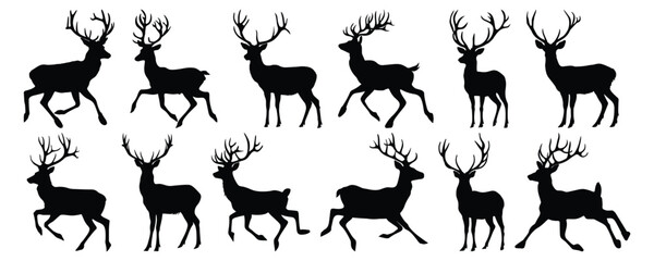 Deer silhouettes set, animal pack of vector silhouette design, isolated background