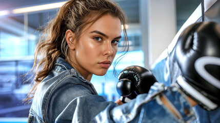 A woman with a focused expression boxes against a punching bag in a modern gym. She wears a denim jacket and boxing gloves, showcasing her commitment to fitness and strength training - Generative AI