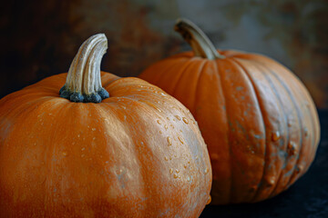 Two pumpkins with dew drops in a rustic setting. Concept of autumn harvest and natural beauty.