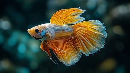 Wall Mural - A vibrant yellow and white Siamese fighting fish with long, flowing fins swims against a dark green background.