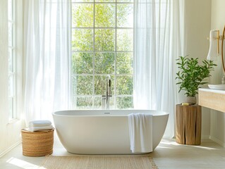 A white bathtub with a wooden stool and a plant next to it. The bathroom is clean and well-lit, with a window letting in natural light. Scene is calm and relaxing