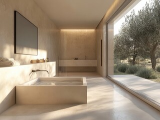 A bathroom with a large tub and a sink. The tub is filled with water and there are two bottles on the counter. The bathroom has a modern and clean design