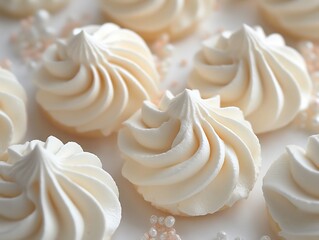 Wall Mural - Delicate meringue cookies scattered a white background showcasing their light and airy texture