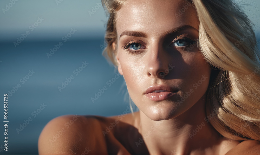 A woman with blonde hair and blue eyes stares directly at the camera in ...