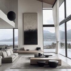 Sticker - A large black and white painting hangs on the wall of a spacious living room. The room features a couch, a coffee table, and a few chairs