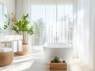 Wall Mural - A bathroom with a large white bathtub and a potted plant. The bathroom is clean and well-lit, with a mirror above the sink. The potted plant adds a touch of greenery to the space, creating a relaxing