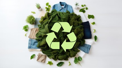 A flat lay of clothing and plants on a white background. The clothing is arranged in a circle around a green recycle symbol.