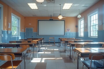 Sticker - Empty Classroom with Desks and Chairs