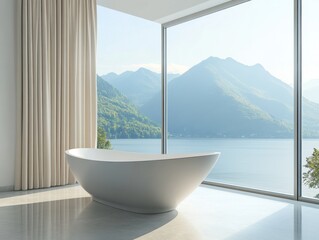 Wall Mural - A large bathtub is in a room with a large window overlooking a lake. The room is very clean and well-lit, creating a peaceful and relaxing atmosphere