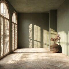 Wall Mural - A room with a large window and a plant in a basket. The room is empty and has a minimalist feel