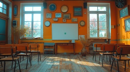 Sticker - Empty Classroom with Orange Walls and Wooden Floors