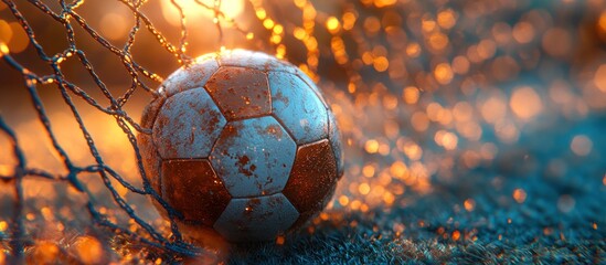 Soccer Ball in Net with Golden Lights
