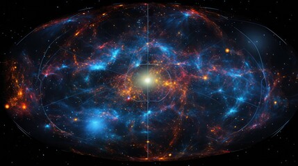 a mesmerizing cosmic landscape with vibrant hues of blue and orange, depicting a celestial sphere fi