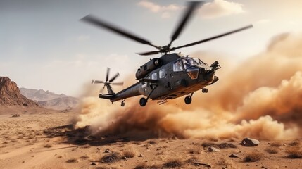 A military helicopter flies low over a desert landscape, kicking up a cloud of dust as it goes.