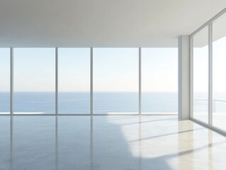 Wall Mural - A large, empty room with a view of the ocean. The room is very clean and has a lot of windows. The windows let in a lot of natural light, making the room feel bright and airy