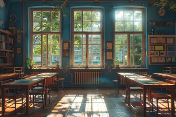 Wall Mural - Sunlit Classroom with Wooden Desks