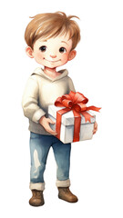 Sticker - PNG Happy boy celebrating holding cartoon gift.