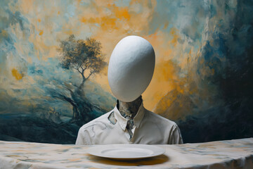 A surreal dinner setting with a faceless figure at a table, surrounded by an abstract landscape at dusk, evoking mystery and intrigue