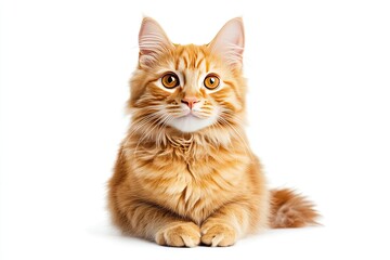 Wall Mural - A cat with orange fur is sitting on a white background. The cat has a curious expression on its face