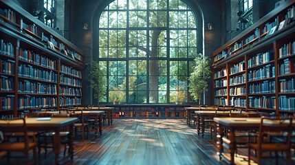 Wall Mural - Library Interior with Large Window