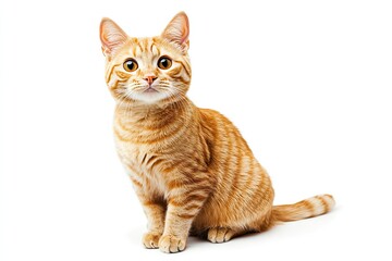 Wall Mural - A cat with orange fur is sitting on a white background. The cat has a curious expression on its face