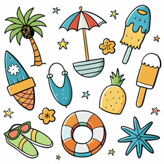 hand drawn design elements collection for summer season on white background, vector illustration