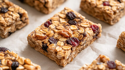 a close-up of homemade plant-based protein snack bars on a parchment paper, with visible ingredients like oats, nuts, and dried fruits