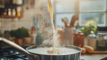 Wall Mural - a dynamic shot of soy milk being poured into a pot or mixed into a bowl for cooking, with visible steam or bubbles