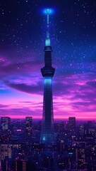 80s-style  illustration of the Tokyo skyline featuring a neon-lit tower under a starry night sky