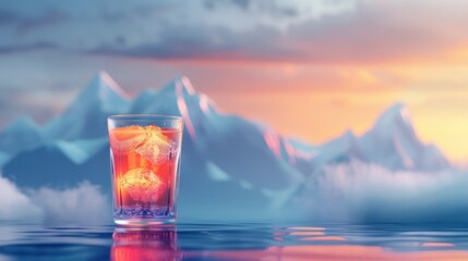 Icy cocktail glass sitting in a tranquil frozen landscape with snow capped mountains and colorful sunset sky reflected in the still waters  A serene and atmospheric scene perfect for travel adventure