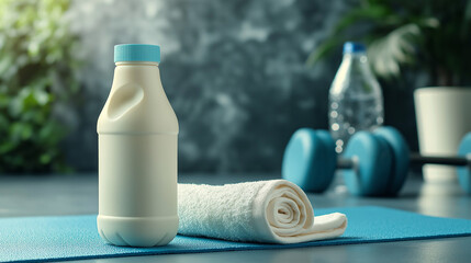 Wall Mural - a soy milk bottle in a sports bottle design, placed on a yoga mat or next to dumbbells, with a towel and a water bottle in the background