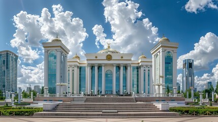 White Building with Golden Domes and Columns Against a Blue Sky