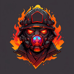 Canvas Print - Firefighter Character, illustration, with flames and a gas mask, cartoon