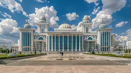 Modern White Building With Domes and Columns Under Blue Sky