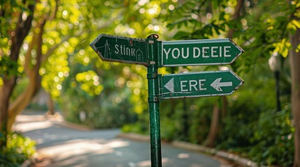 Wall Mural - Green Directional Signs with Whimsical Words in a Forest Setting