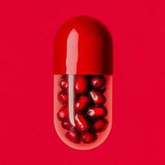 Wall Mural - Highquality photography of a capsule with equalsized top and bottom halves the top half of the capsule is solid red matching the pomegranate seeds inside and the bottom half is transparent revealing f