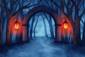 A mysterious archway illuminated by glowing lanterns in a dark, foggy forest, evoking a sense of wonder and intrigue.