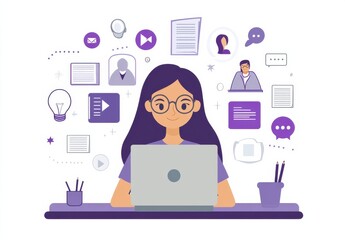 Poster - Cartoon girl working at her desk surrounded by digital communication and creativity icons