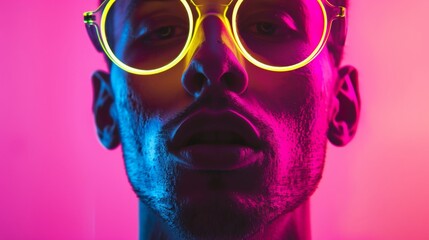 Wall Mural - portrait of a man with neon glasses on neon background