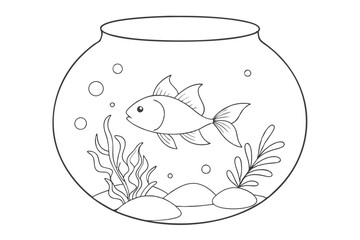 Graceful Goldfish in a Decorated Fish Bowl Elegant Line Drawing with Aquatic Plants and Pebbles