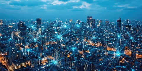 Poster - Cityscape with data connections, illustrating the concept of a smart city powered by interconnected technology.