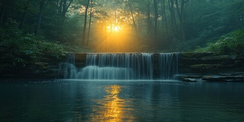 Sticker - Sunbeams illuminating a waterfall in a misty forest