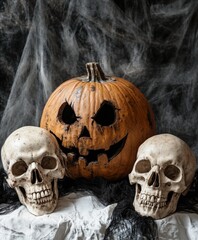 Pumpkin with skulls and spider webs on Halloween and the Day of the Dead