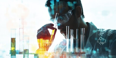 Wall Mural - Double exposure of a scientist handling a laboratory test tube.