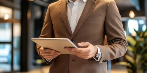 Poster - Businessman in a brown suit using a tablet to manage global operations.