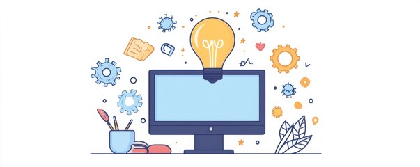 Poster - Creative computer screen surrounded by colorful floating icons including light bulb and gears